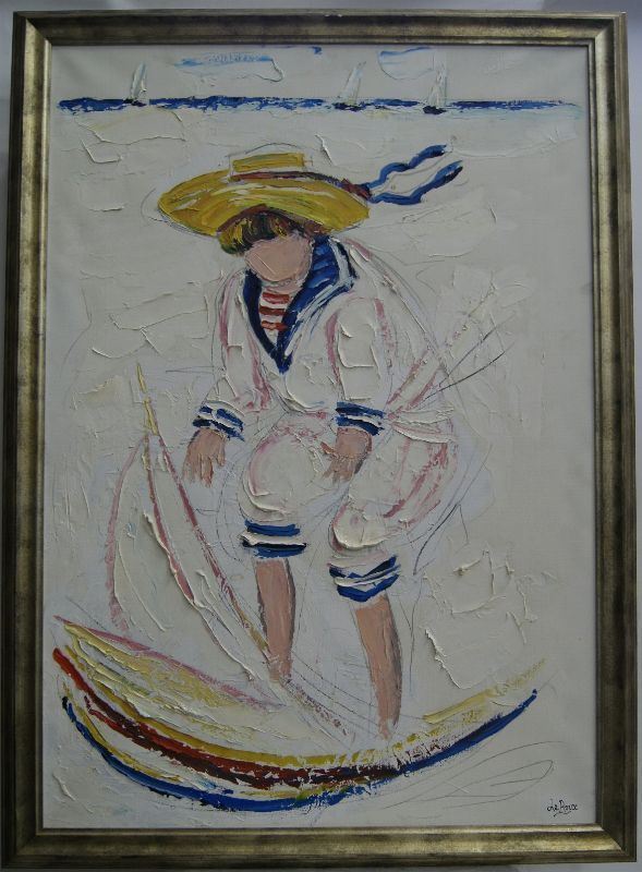 Dipinto ad olio su tela, MARINARETTO SULLA SPIAGGIA, firmato Le Roux, cm100x70