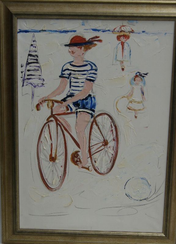 Dipinto ad oilo su tela, CICLISTA CON FIGURE IN CORNICE, cm100x70