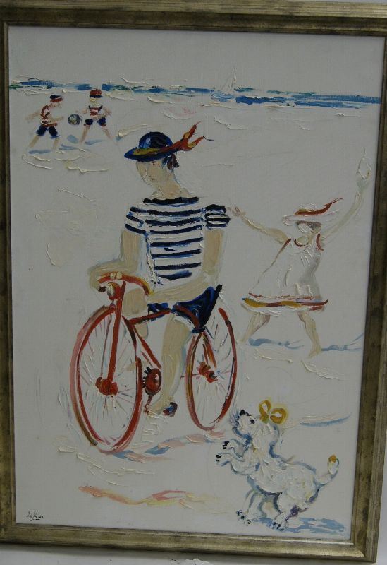 Dipinto ad olio su tela, CICLISTA E MARINA NELLO SFONDO, cm100x70, firmato Le Roux