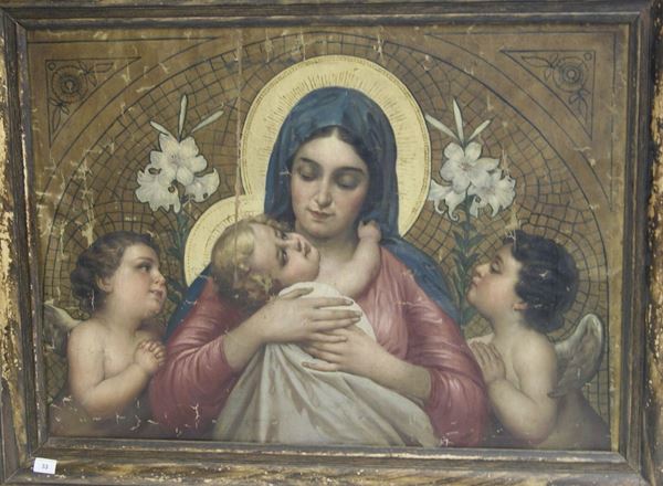 Dipinto ad olio su tela, VERGINE COL BAMBINO E PUTTI ALATI, cm 100x70