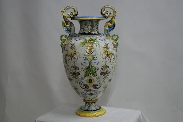 Vaso in ceramica decorata a fiori e animali con manici a forma di drago, cm 54x30