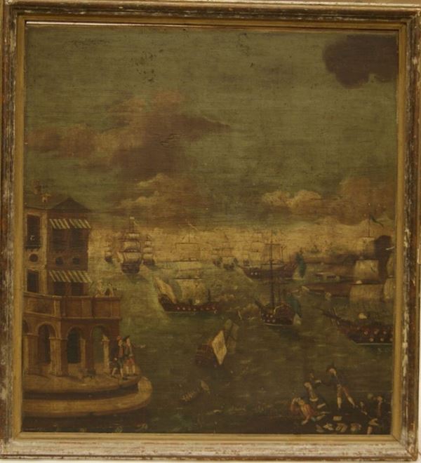 Dipinto sec.XIX, olio su tavola, PAESAGGIO CON PORTO,cm111x122