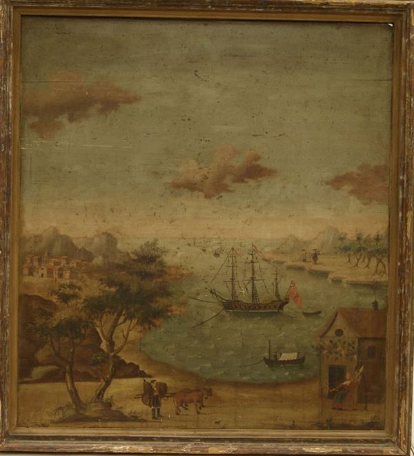 Dipinto sec.XIX, olio su tavola, VEDUTA DI PORTO, cm111x122