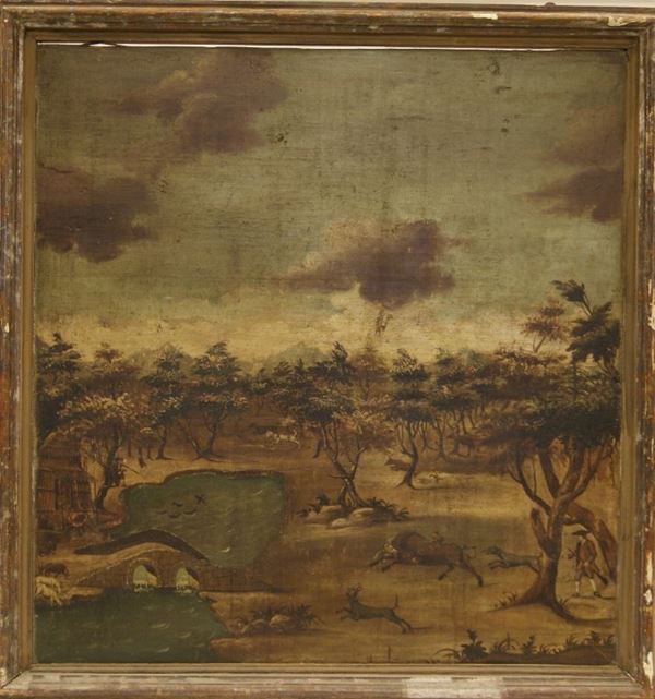 Dipinto sec. XIX,  olio su tavola, CACCIA AL CINGHIALE, cm 115x110