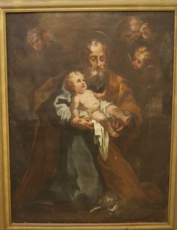Scuola Italia Centrale sec. XVIII, SAN GIUSEPPE CON IL BAMBIN GESU', olio su tela, cm 150x116