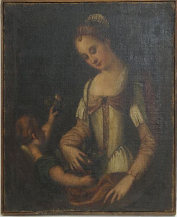Dipinto sec XVIII, SANTA CON PUTTO, oilo su tela, cm53x65, presenta restauri
