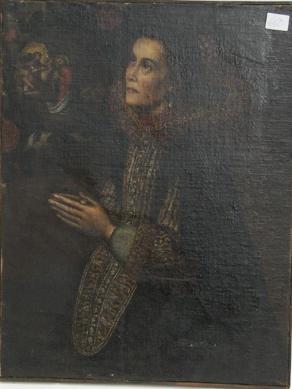 Scuola Italia Centrale sec.XVIII, RITRATTO DI NOBILDONNA IN PREGHIERA, olio su tela presenta restauri, cm 50x65