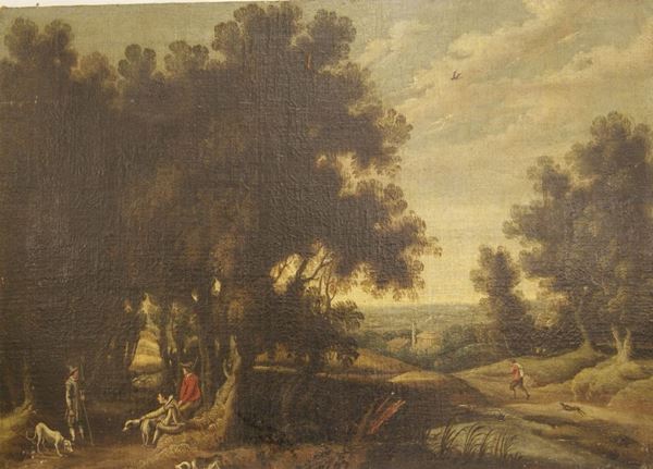 Scuola Veneta sec.XVIII, PAESAGGIO CAMPESTRE CON FIGURE ED ANIMALI, olio su tela, cm.81x59