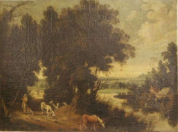 Scuola Veneta sec.XVIII, PAESAGGIO CAMPESTRE CON FIGURE, olio su tela, cm.80x59