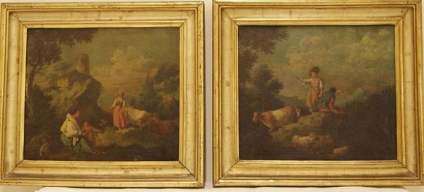 Scuola Italia Settentrionale sec.XVIII ,SCENE BUCOLICHE, coppia di dipinti ad olio su tela,  cm 37x43