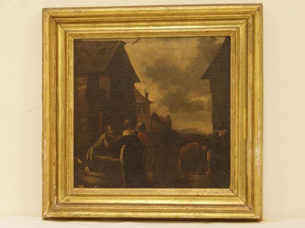 Scuola Italia Settentrionale sec. XVII, PAESAGGIO CON FIGURE ,olio su tela cm 38x38