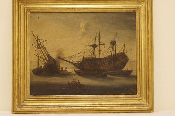 Scuola Italia centrale sec. XVII, BATTAGLIA NAVALE, olio su tela,  cm. 37x45 ,cadute di colore