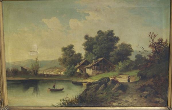 Scuola del XIX, PAESAGGIO FLUVIALE CON FIGURE, olio su tela, cm 73x106
