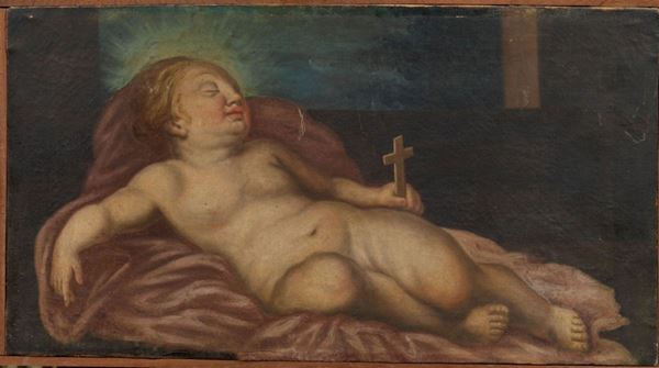 Scuola emiliana, sec. XVIII, GESU' DORMIENTE, olio su tela, cm 39,5x73, ridotto ai margini