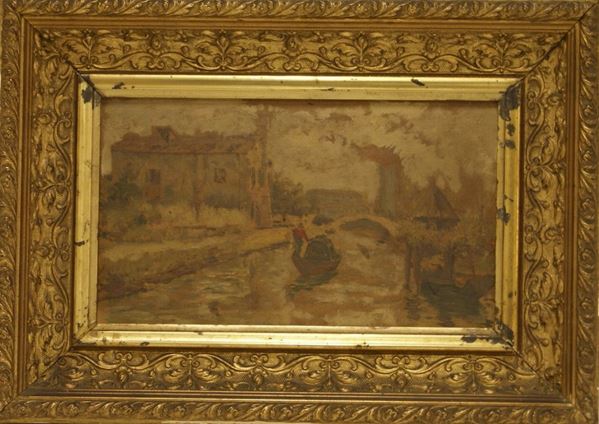 Scuola Italiana sec. XX FIUME CON PONTE E GONDOLA  olio su cartone  cm 25,5x15,5