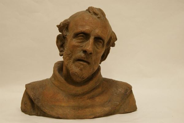 Busto in terracotta, sec. XX, raffigurante Frate, alt. cm 40, firmato D. Gabbrielli con dedica, alt. cm 40