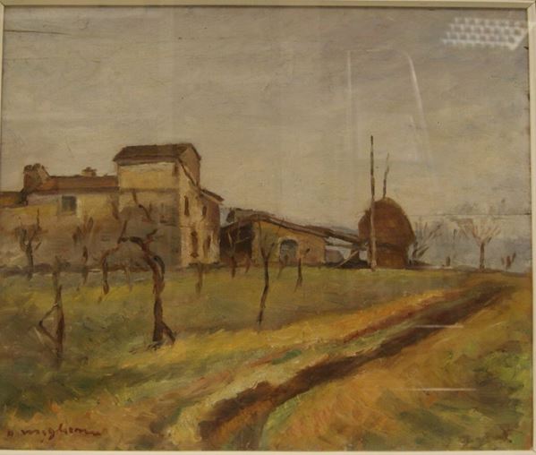 Dino Migliorini    PAESAGGIO  DI CAMPAGNA  olio su tavola cm 52x61.5