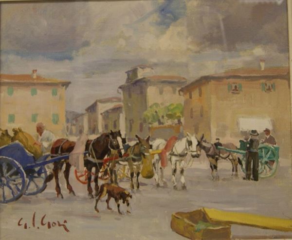 Gino Paolo Gori   NEI PRESSI DEL MERCATO  olio su tela  cm