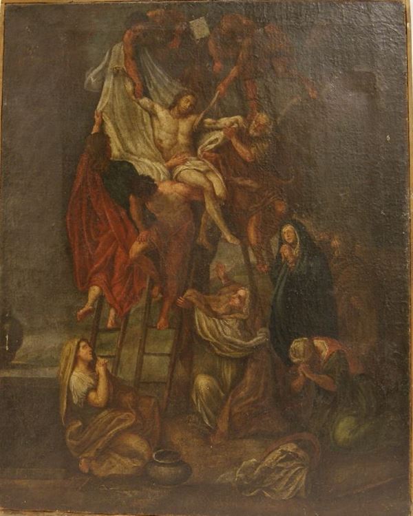 Scuola Italiana sec. XVIII, DISCESA DALLA CROCE, olio su tela, cm  80x63, cadute di colore e svelature