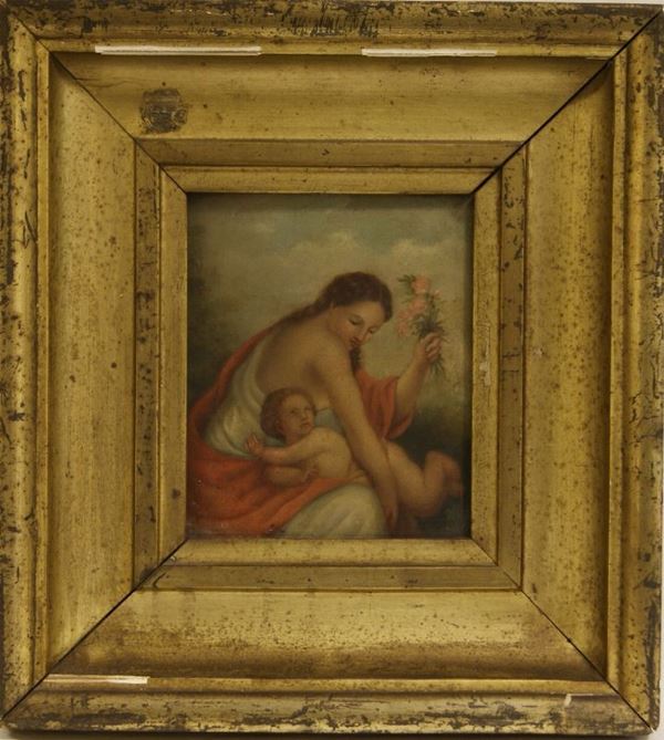 Scuola Italiana sec. XIX, MADRE CON FIGLIO, olio su tela. cm 21x17.5