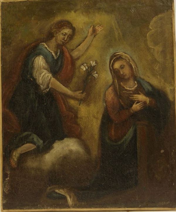 Scuola Veneta sec. XVIII, ANNUNCIAZIONE, olio su tela, cm 63x52, restauri