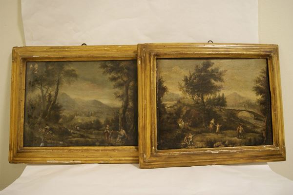 Scuola Veneta sec. XVIII, PAESAGGI CAMPESTRI CON FIGURE, coppia di dipinti ad olio su tela, cm 37x46, restauri