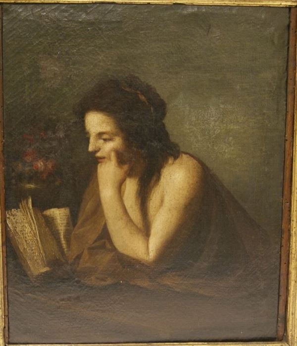 Scuola Italiana  sec. XVIII, RITRATTO FEMMINILE CON LIBRO, cm 43x34, cadute di colore e svelature