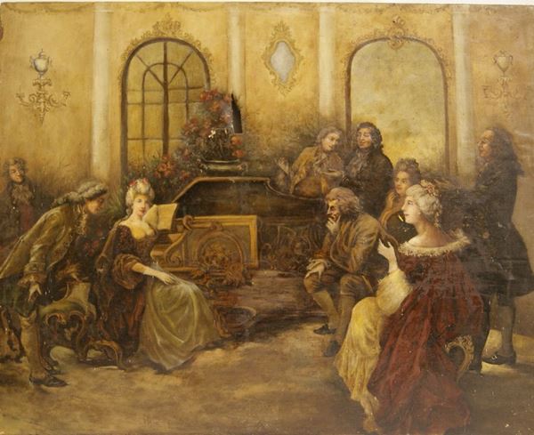 Scuola Italiana sec.XIX,  IL CONCERTINO, olio su tela, cm  90x72, danni
