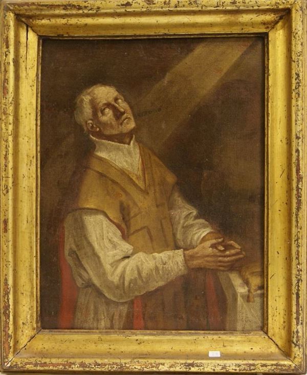 Scuola Toscana  sec. XVIII, SANTO IN ESTASI, olio su tela, cm 45x36, danni