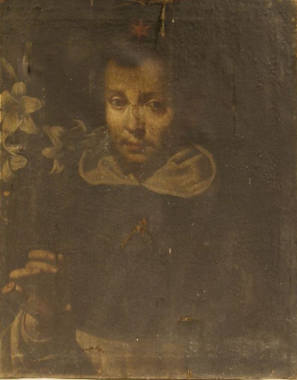 Scuola Italia centrale, sec. XVII, SANT'ANTONIO DA PADOVA,  olio su tela cm 65x52, danni