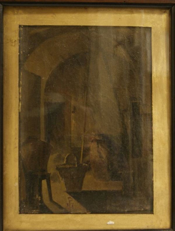 Scuola Italiana, sec.XIX, INTERNO DI CUCINA, olio su tela, cm 31x23, siglato, danni