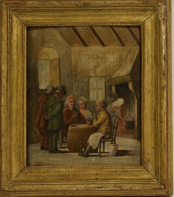 Scuola Italiana, sec. XIX, GIOCATORI DI CARTE, olio su tavola , indistintamente firmato, cm  22.5x18