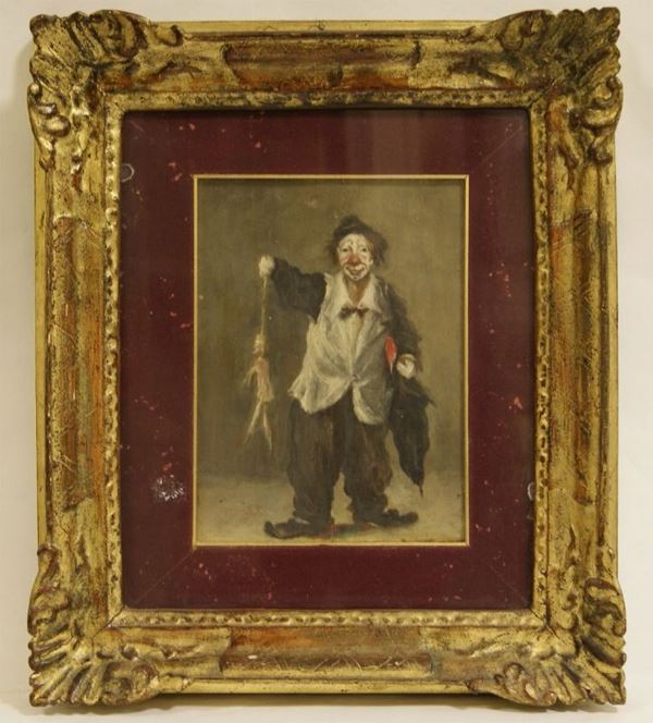 Scuola Italiana, sec. XIX, PAGLIACCIO, olio su tavoletta, cm  25x19