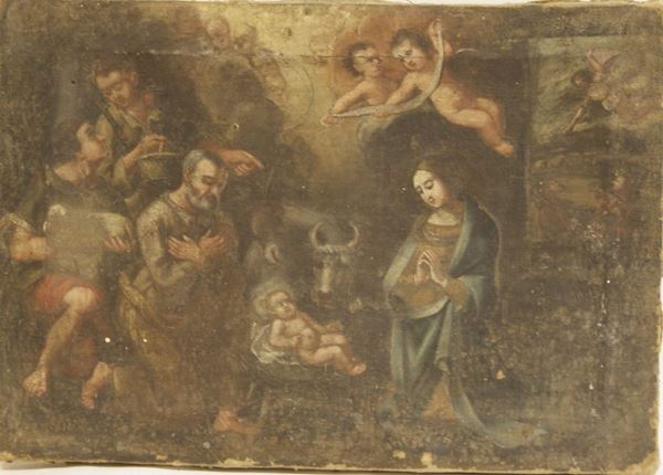 Scuola Italialiana, sec.XVIII, SACRA FAMIGLIA, olio su tela, cm 29x41,5, danni