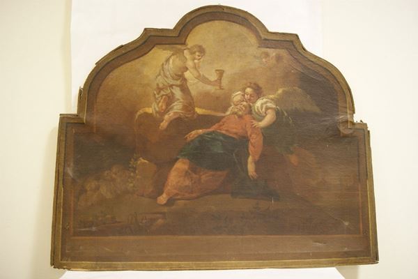 Scuola Veneta, sec. XVIII, SCENA BIBLICA, olio su tela sagomata, cm 100x120, danni