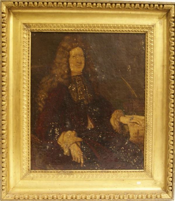Scuola Genovese, sec. XVIII, RITRATTO DI GENTILUOMO CON PARRUCCA, olio su tela, cm 64x54, danni