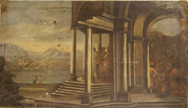 Scuola Italiana, sec. XVIII, CAPRICCI ARCHITETTONICI CON PERSONAGGI, olio su tela, cm 76x134, danni