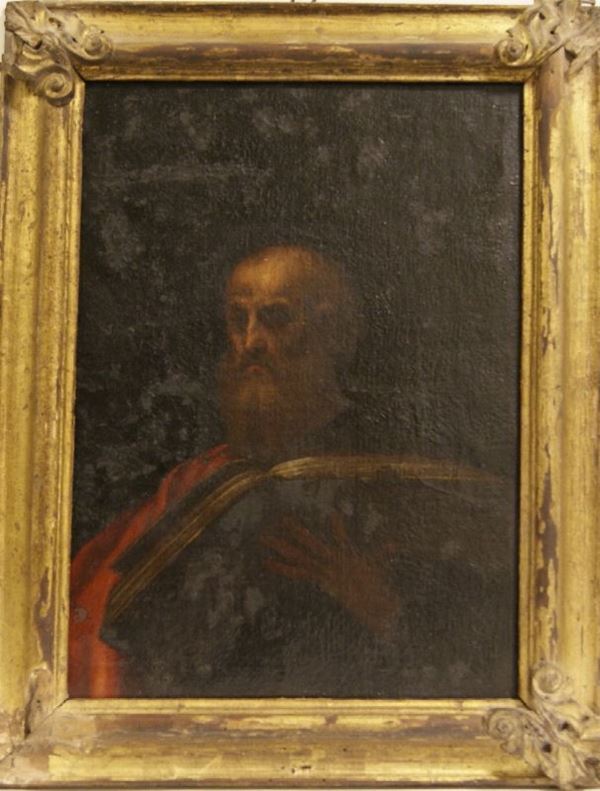 Scuola Italiana sec. XVIII, SANTO CON LIBRO, olio su tela, cm 52,5x39, danni