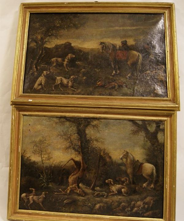 Scuola Toscana, sec. XVIII, SCENE DI CACCIA, coppia di dipinti ad olio su tela cm 71x46, danni