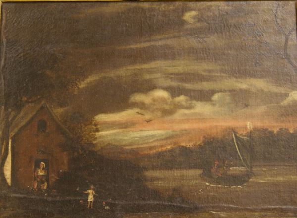 Scuola Italiana sec. XVIII, PAESAGGIO CON BARCA, olio su tela, cm 57x78