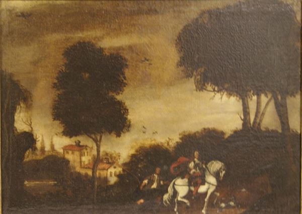 Scuola Italiana sec. XVIII, PAESAGGIO CON CAVALIERE, olio su tela, cm 57x78