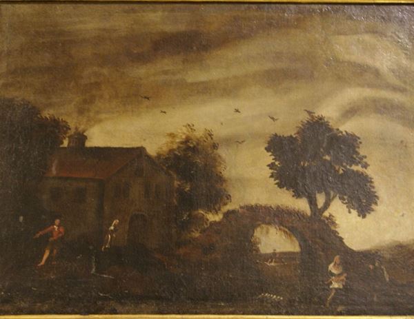 Scuola Italiana sec.XVIII, PAESAGGIO CON PONTE, olio su tela cm  57x78  - Asta Arredi, Mobili, Dipinti, Argenti  e Varie Curiosita' - Poggio Bracciolini Casa d'Aste