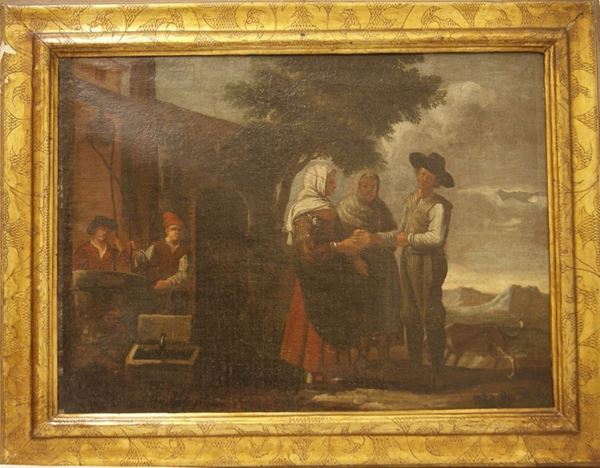 Dipinto ad olio su tela sec. XIX,   SCENA DI CAMPAGNA CON FIGURE,