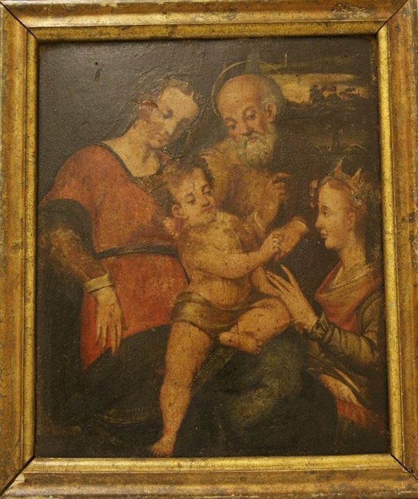 Scuola Italiana sec. XVIII, olio su tavola,  SACRA FAMIGLIA,  cm 47x39, da restaurare