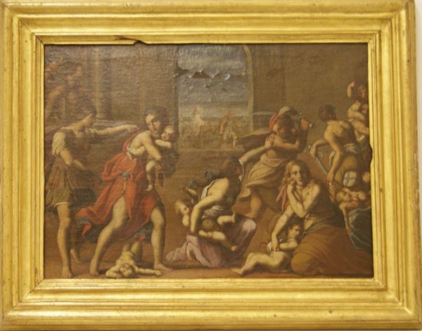 Scuola Italiana sec. XVII,  IL RATTO DELLE SABINE,   olio su tela cm 50x76