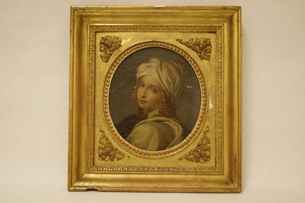 Scuola del sec. XIX,  BUSTO FEMMINILE,  dipinto ad olio su tela ovale  cm 24x21