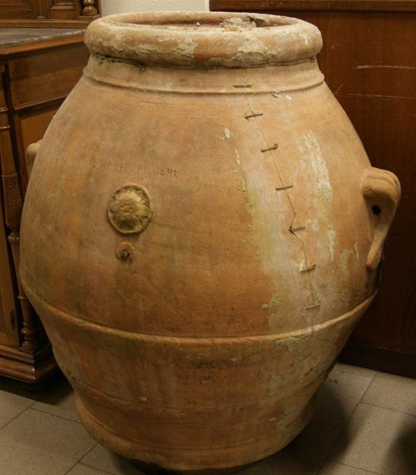 Orcio in terracotta, Impruneta  sec.XIX,  manifattura Ricceri, da restaurare,  alt.cm117x110