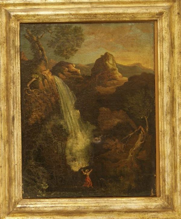 Scuola toscana sec. XVIII,  PAESAGGIO CON CASCATA,   olio su tela, cm45x36, restauri