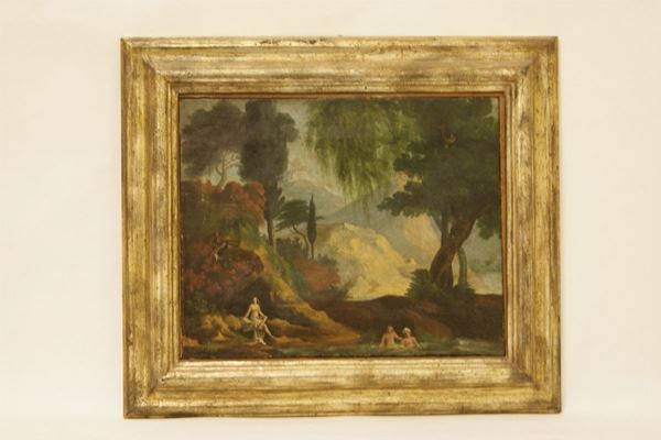 Scuola italiana  sec. XVIII,   PAESAGGIO CON BAGNANTI,  olio su tela cm  29x37, presenta restauri