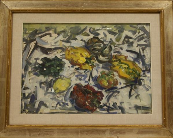 Enzo Pregno, NATURA MORTA,  olio su tela, cm 50x70